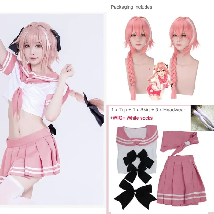Anime fate apocrypha astolfo cosplay trang phục phụ nữ cô gái nhật bản đồng  phục học sinh jk sailor suit màu hồng dài bím tóc tóc giả và trang phục