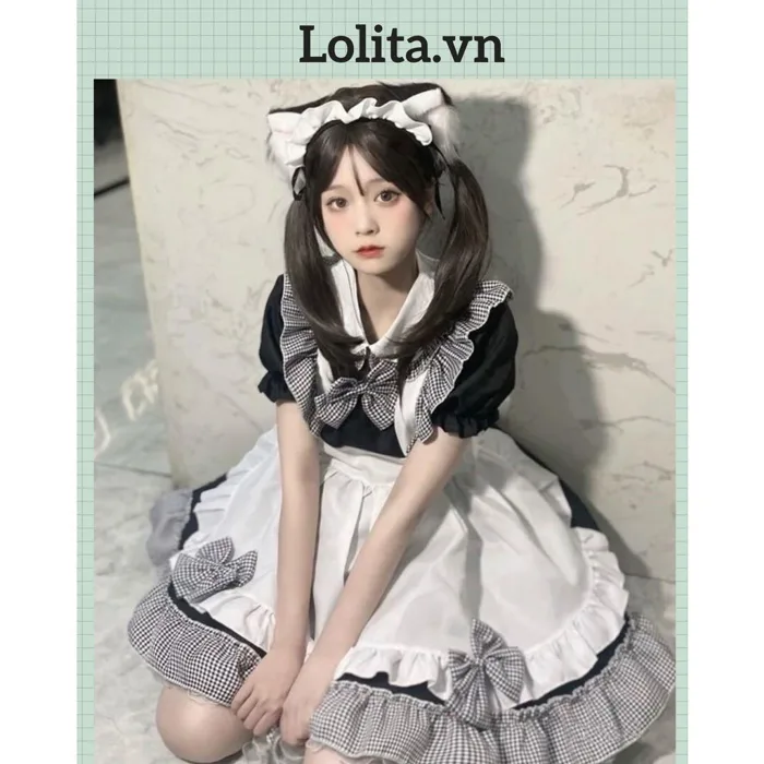 Có Sẵn sz L) Đầm lolita cosplay hầu gái hoạ tiết caro dễ thương, maid dáng ngắn VIDEO TỰ QUAY (Kèm ảnh thật) | Shopee Việt Nam