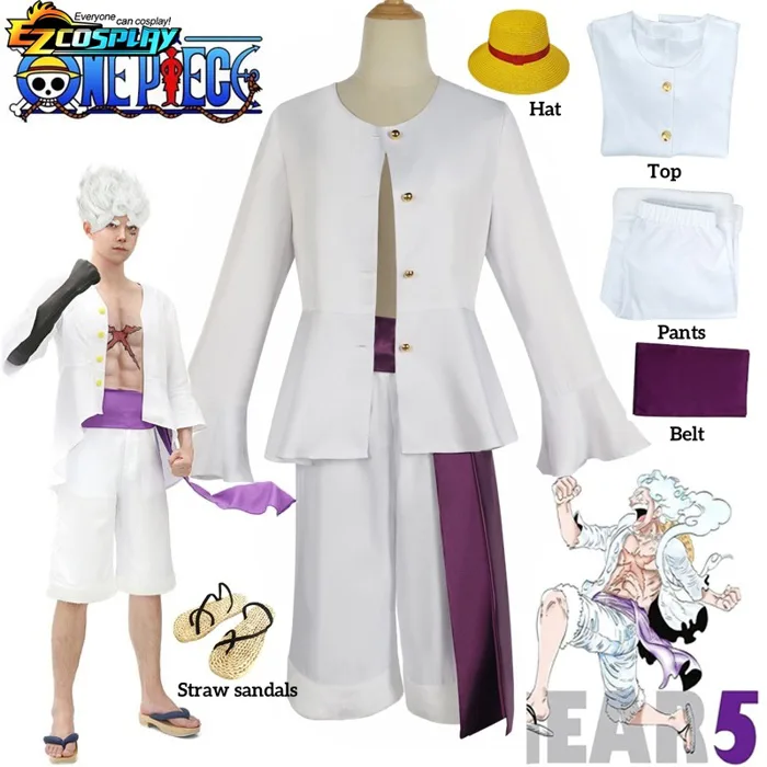 Luffy cosplay gear 5 nika luffy cosplay trang phục người lớn đàn ông quần  áo trắng quần áo trên cùng mũ phù hợp với trang phục halloween bữa tiệc cho  nam giới |
