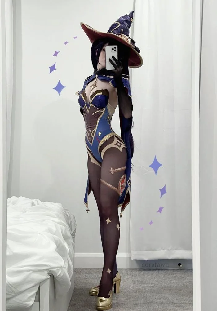 Game cosplay female | Mona makeup genshin, Mona cosplay, Cosplay glam costume bodysuit