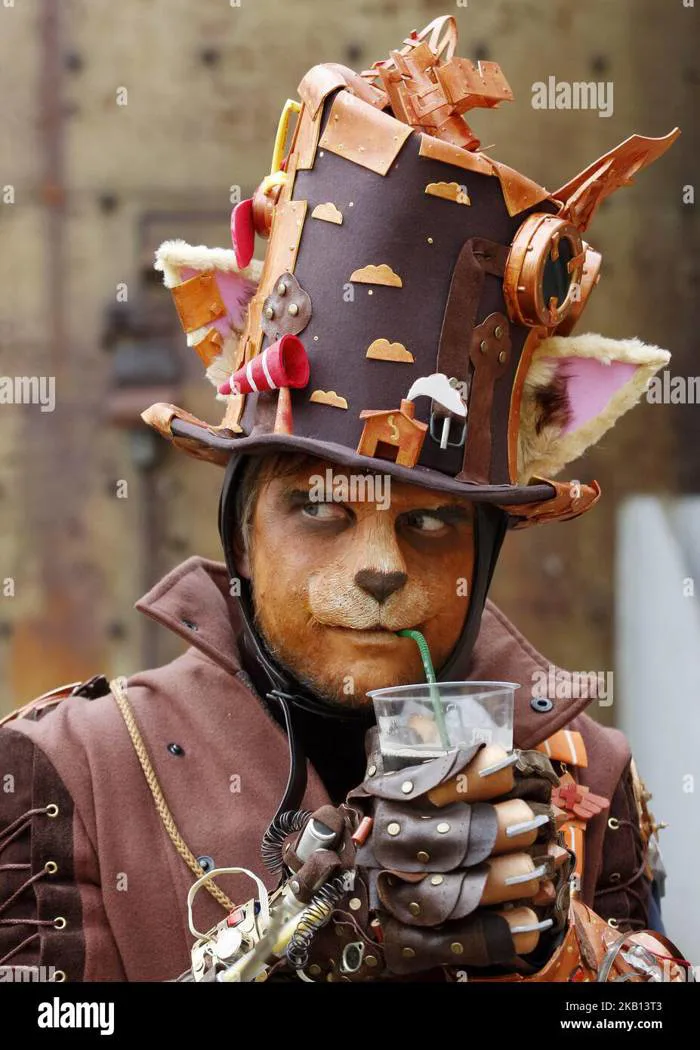 A participant dressed in a steampunk cosplay costume attends the  