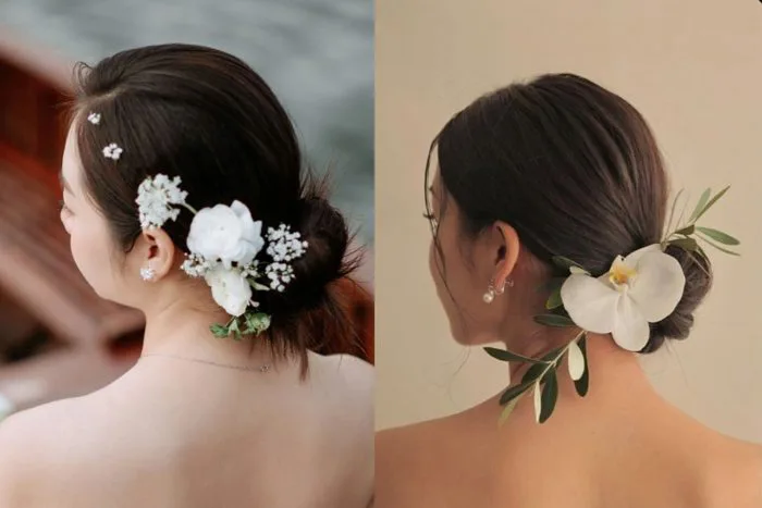 15+ Mẫu hoa tươi cài tóc cô dâu đẹp tinh tế & sang trọng