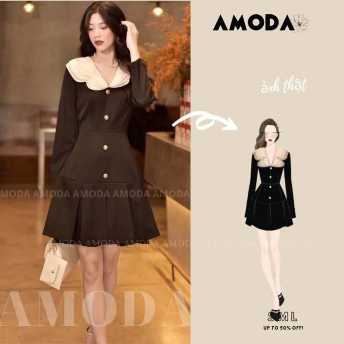 Váy xinh màu đen tiểu thư dễ thương dáng ngắn sang chảnh váy thiết kế dài tay AMODA VD003 Váy Xòe Cạp Cao Chất Liệu Polyester Váy Đầm Nữ Đen Size S M L