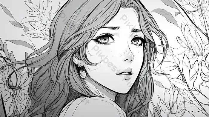 Tải miễn phí Vẽ Cô Gái Bằng Bút Chì đen Trắng Bên Những Bông Hoa Nền | JPG  chuyên nghiệp - Pikbest