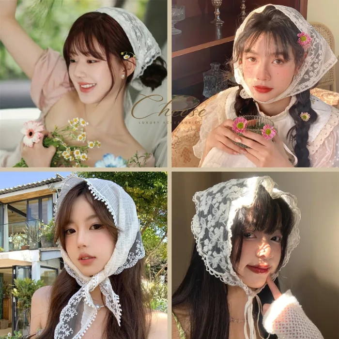 Khăn trùm đầu ren trắng thêu hoa phong cách cô gái Pháp vintage chụp ảnh  siêu xinh Retro