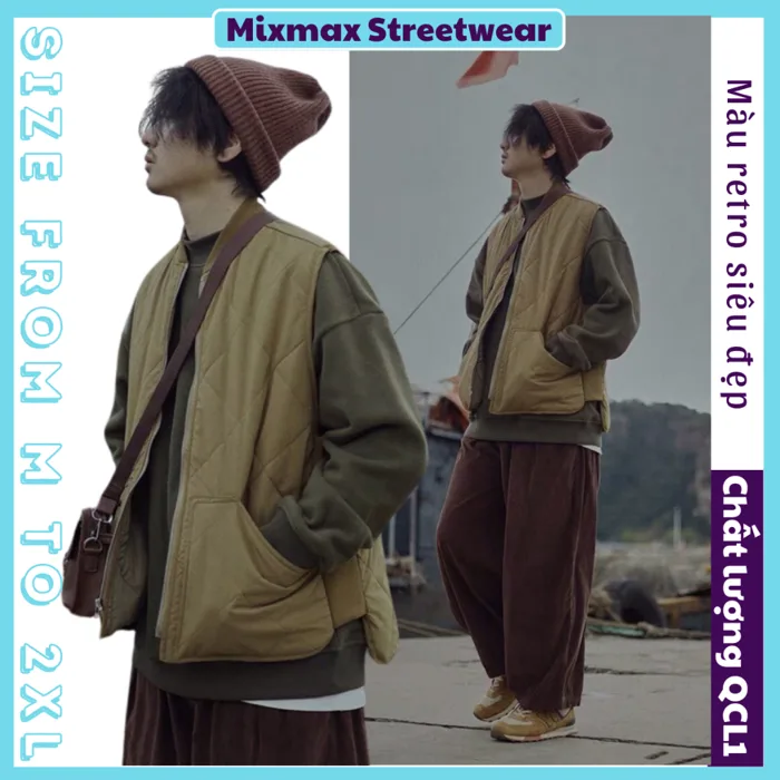 [SẴN+ẢNH THẬT] Áo khoác phao gile quả trám zipper trần bông màu nâu / đen  retro Ulzzang hiphop unisex siêu chất